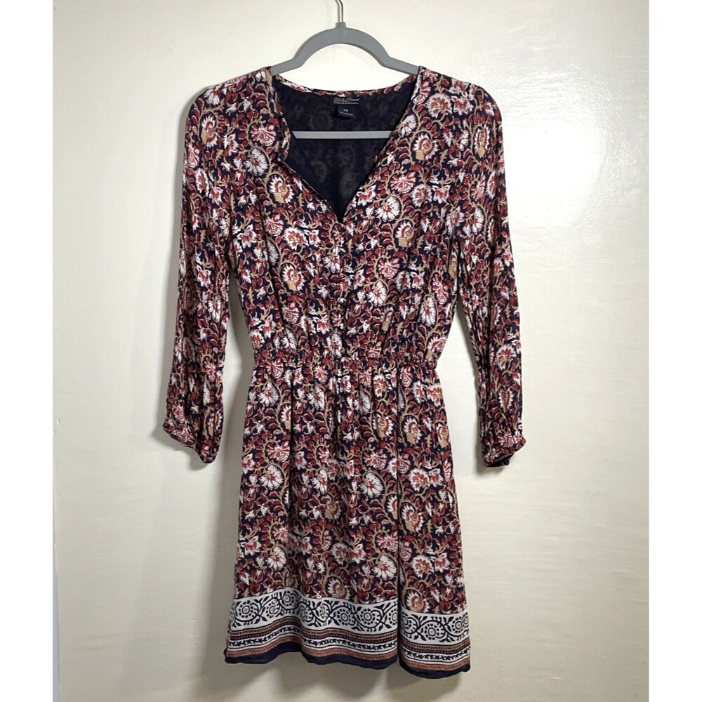 Lucky Brand Women’s Floral Lined Dress Size XS 3/4 Sleeve Boho Red Multicolor